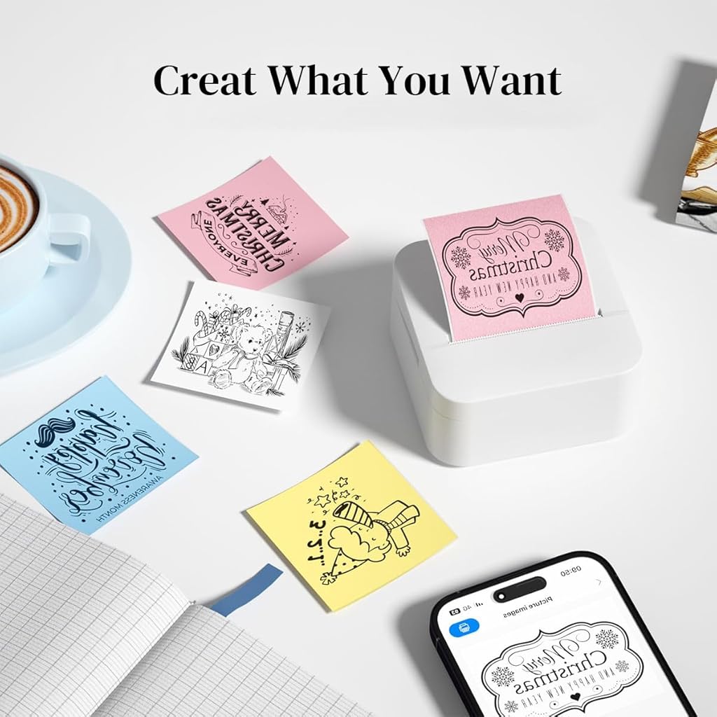 Zeitel® Mini Bluetooth Thermal Printer Combo for Android & iOS, Portable, Inkfree, 13 Print Papers, 3 Adhesive Sticker Rolls, Journaling, Scrapbooking, DIY, Planners, Crafts, Blue