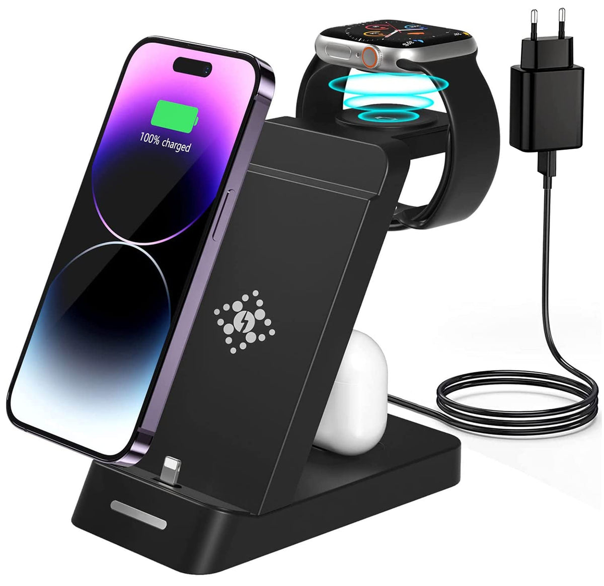 ZORBES® Charging Station for iPhone, for Airpods, for iwatch, 3-in-1 Charger Station with Power Adapter, Fast Wireless Charger Stand for 14/13/12/11/iPhone X/SE Series, Airpods, AirPods Pro, iwatch