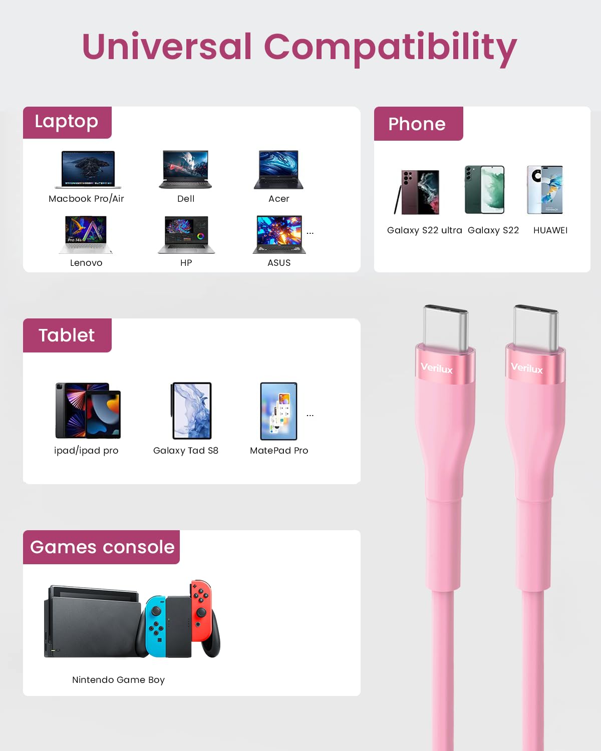 Verilux Type C to Type C Cable for Fast Charging and Data Transfer 6.6ft with Silicone Coating | Pink