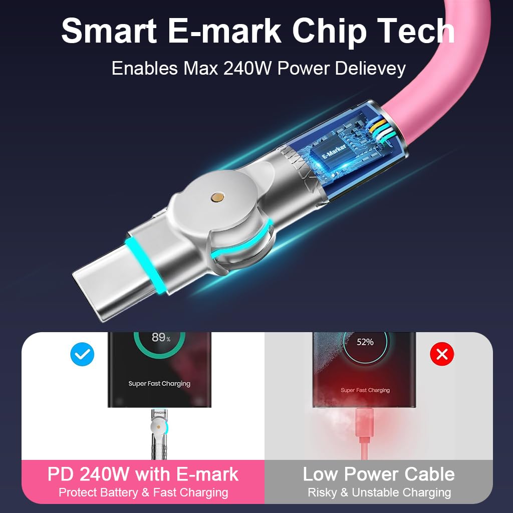 ZORBES® 240W Type C Cable Fast Charging with LED, 9.8Ft 180 Degree No Tangle PVC C Type Charger Cable with 480Mbps Data Transmission USB C for iPhone 17/17 Pro/17 Pro Max/16/15, Galaxy S25/S24, Pink