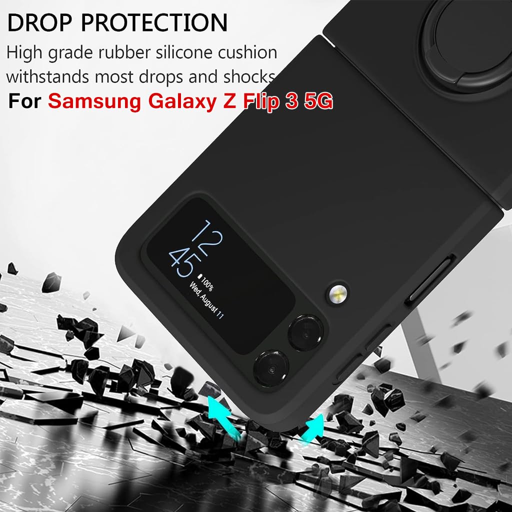 ZORBES® Phone Case for Samsung Galaxy Z Flip 3 5G 6.7 Inch with Built in Metal Grip TPU Anti Scratch Black 3 PCS