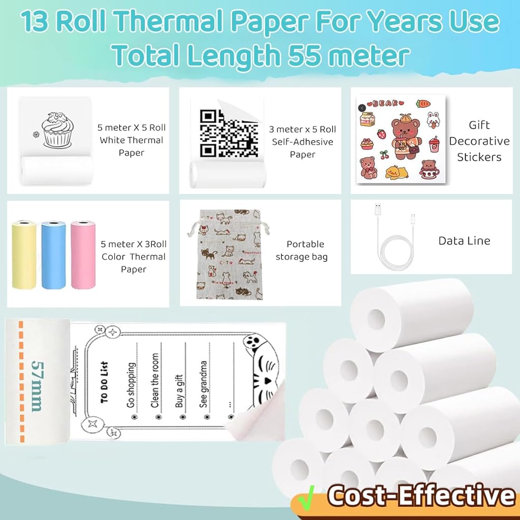 Zeitel® Mini Bluetooth Thermal Printer Combo for Android & iOS, Portable, Inkfree, 13 Print Papers, 3 Adhesive Sticker Rolls, Journaling, Scrapbooking, DIY, Planners, Crafts, Blue