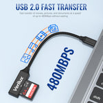 Verilux Card Reader for SD and TF Cards with USB C and USB 2.0 | 480Mbps Nylon Braided Design