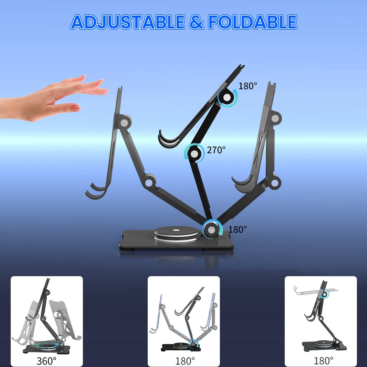 ZORBES® Mobile Stand for Table, Aluminum Mobile Holder for Table, Foldable Tablet Stands 360° Rotatable Phone Stand Holder Adjustable Height & Tilting for iPhone/iPad/Tablets, Most Devices in 4-12.9"