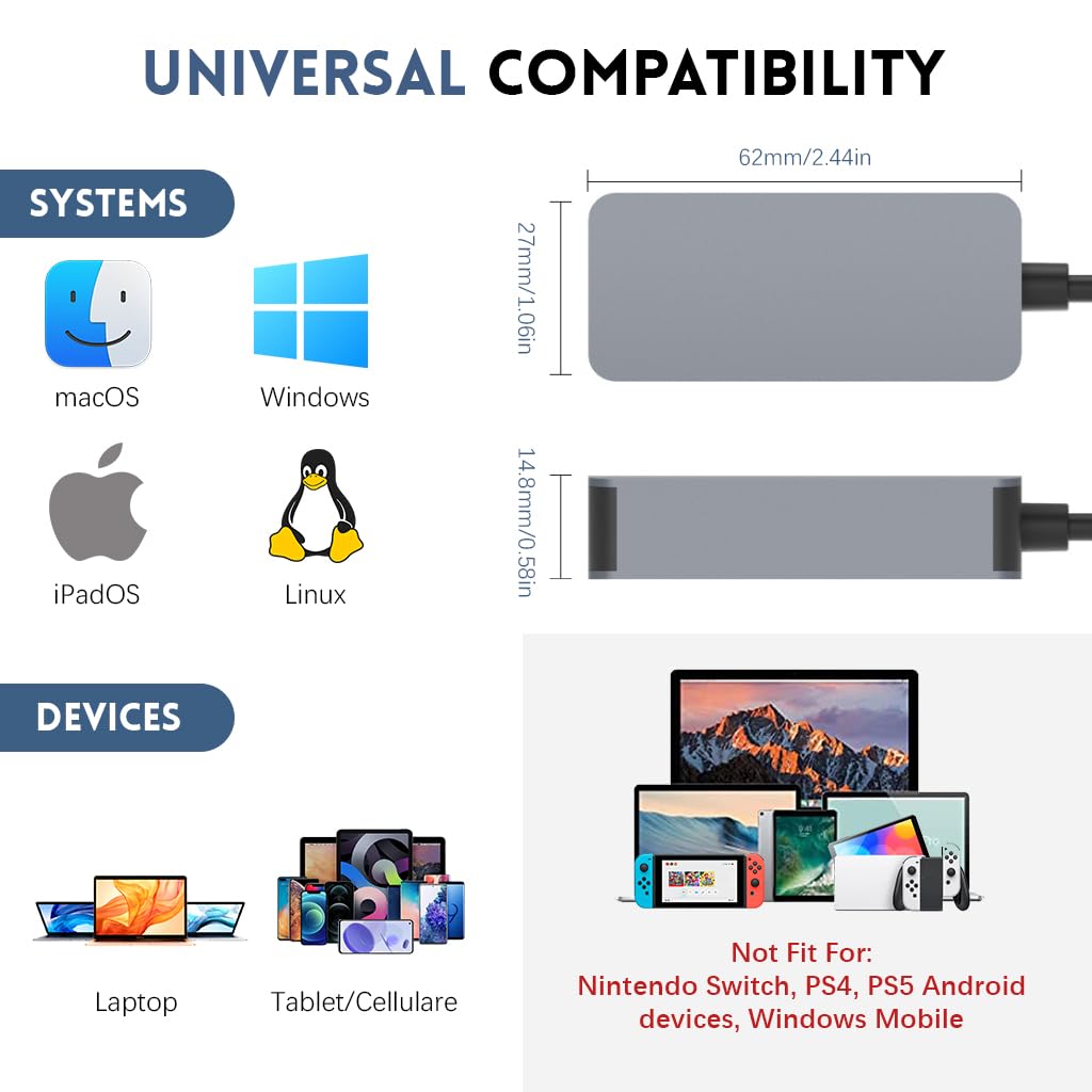 Verilux® USB C to Ethernet Adapter 2.5 Gbps, 2-in-1 USB to 2.5G Ethernet Adapter, USB-C to RJ45 Network Converte, Aluminum Case for Windows, Mac OS, iPad OS
