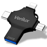 Verilux Pendrive 256GB for iPhone and Android featuring 4 in 1 USB A Type C ports | Black