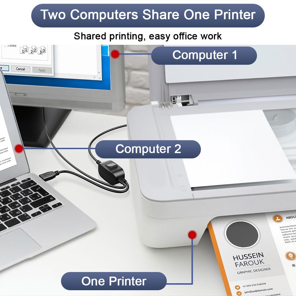 Verilux USB Printer Cable for Dual Device Connection with Switch Controller 6.6ft | 480 Mbps Data Transfer