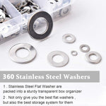 Serplex® 360PCS 304 Stainless Steel Flat Washers for Screws Bolts Fender Assortment Set Assorted Hardware Lock Metal Kit 9 Sizes M2 M2.5 M3 M4 M5 M6 M8 M10 Home Factories Repair