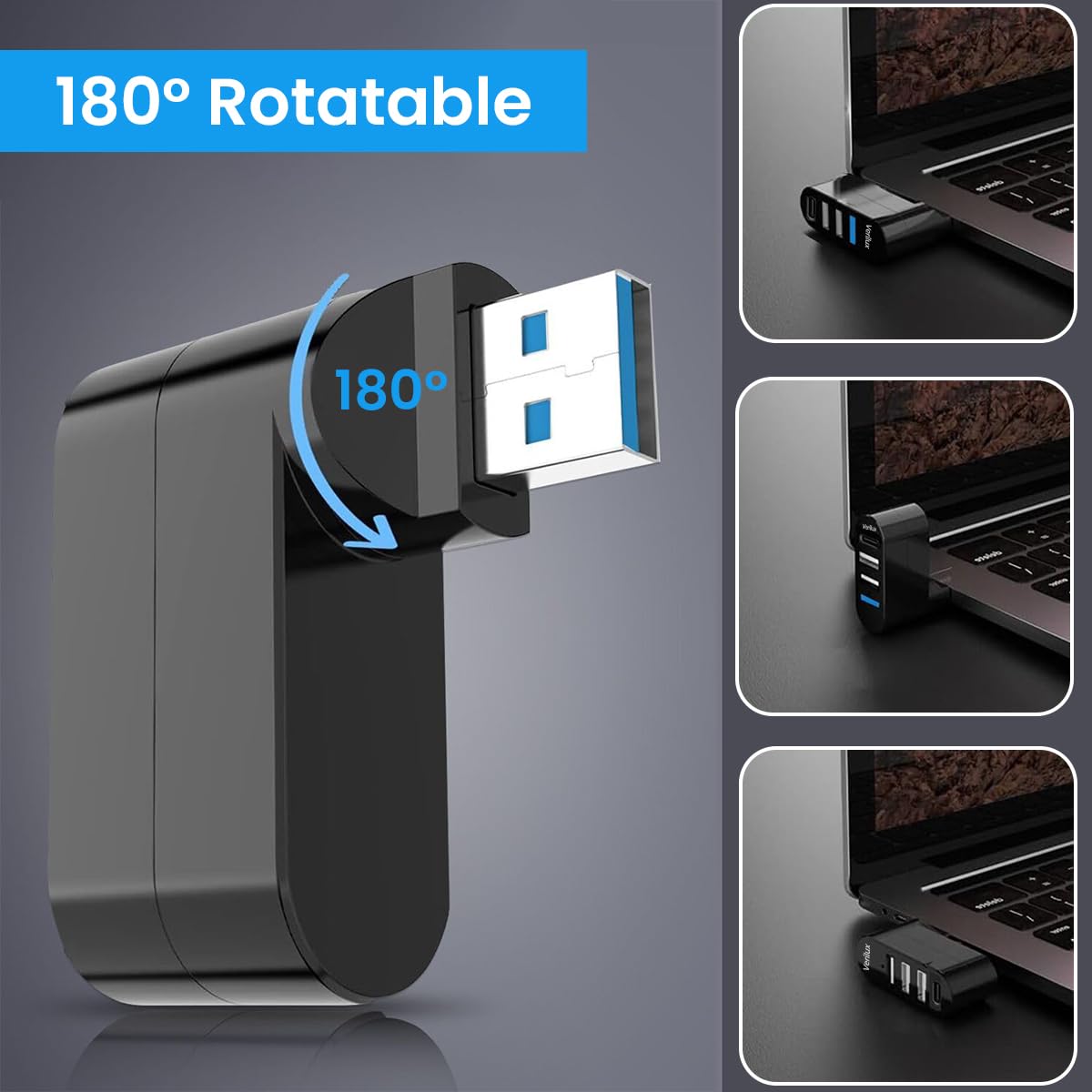 Verilux USB Hub 3.0 for PC and Laptop with 4 in 1 Ports featuring 90° Rotatable Plug Design