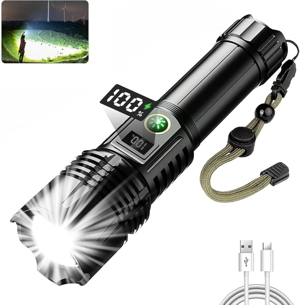 ZORBES® Linterna LED recargable, linterna superbrillante de 2000 lúmenes de alta potencia con 5 modos, potente linterna USB-C alimentada por batería 26650