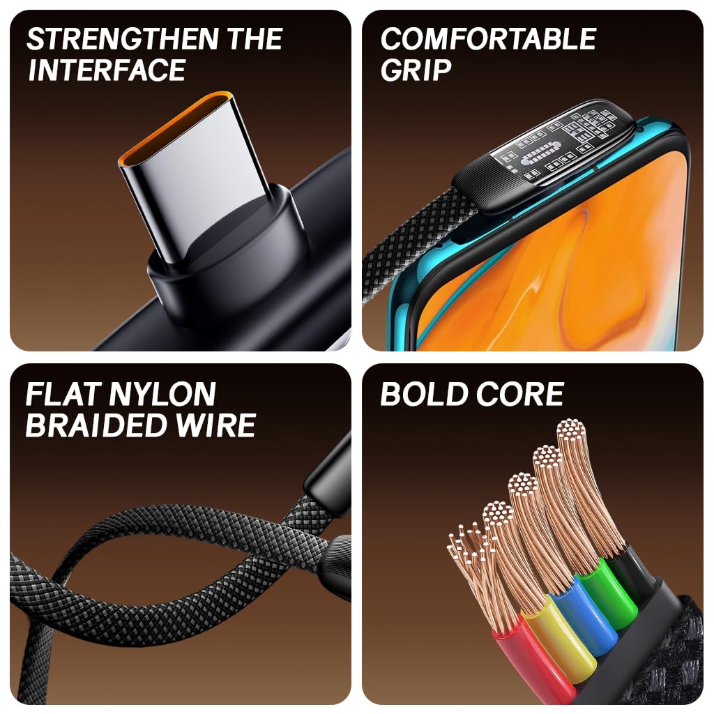 Verilux® PD 100W Type C Cable Fast Charging 6.6Ft,Right Angle C Type Charger Cable with No Tangle Flat Nylon Braid,Support 480Mbps Data Transfer for iPhone 17/17 Pro/17 Pro Max 16/15 Galaxy S25/S24