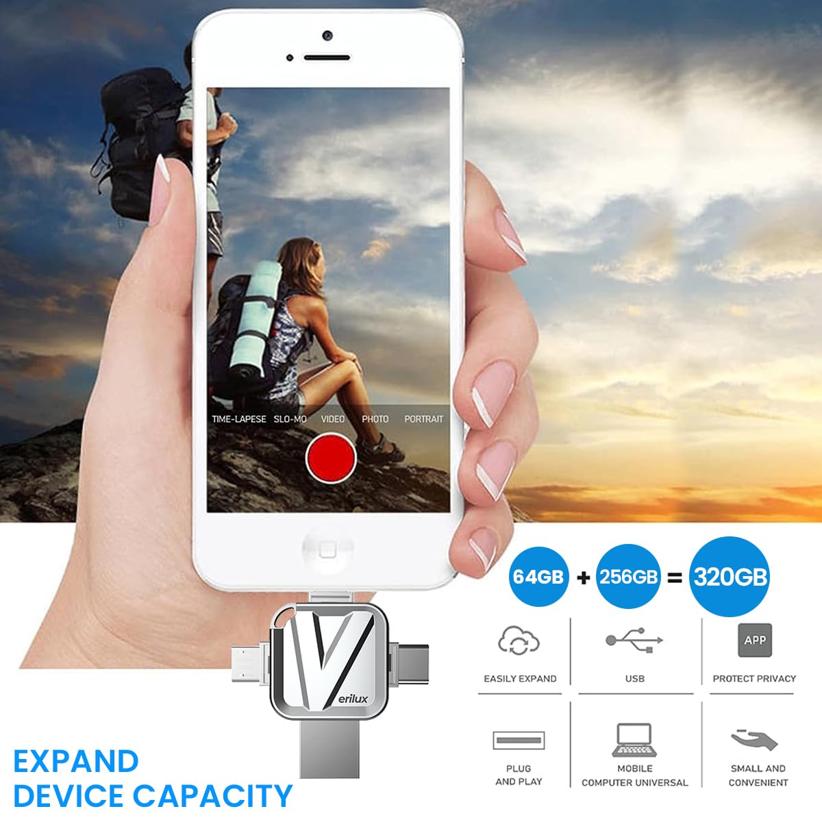 Verilux Pendrive 256GB for iPhone and Android featuring 4 in 1 USB3.0 Type C Design | Metal Body