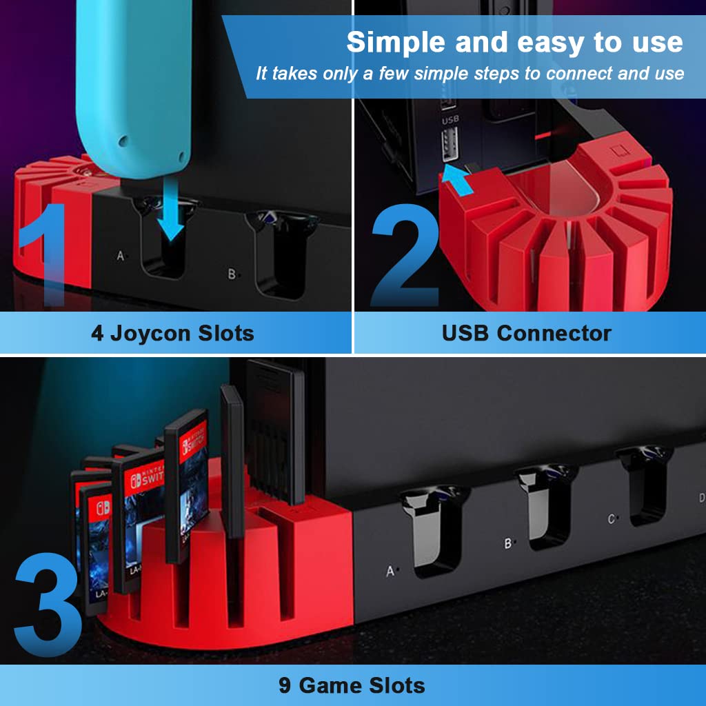 ZORBES® 2 In 1 Switch Controller Charging Dock Extension For Switch&Oled Model Joycons Switch Controller Charging Dock Station With 9 Storage Slots For Switch Game Cartridges,Game Consoles,USB,Black