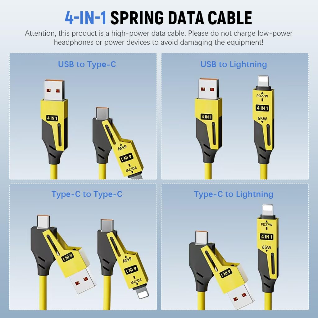 Verilux 4 in 1 Type C Cable for Fast Charging with PD65W and Spring Coiled Design | 480Mbps Data Transfer