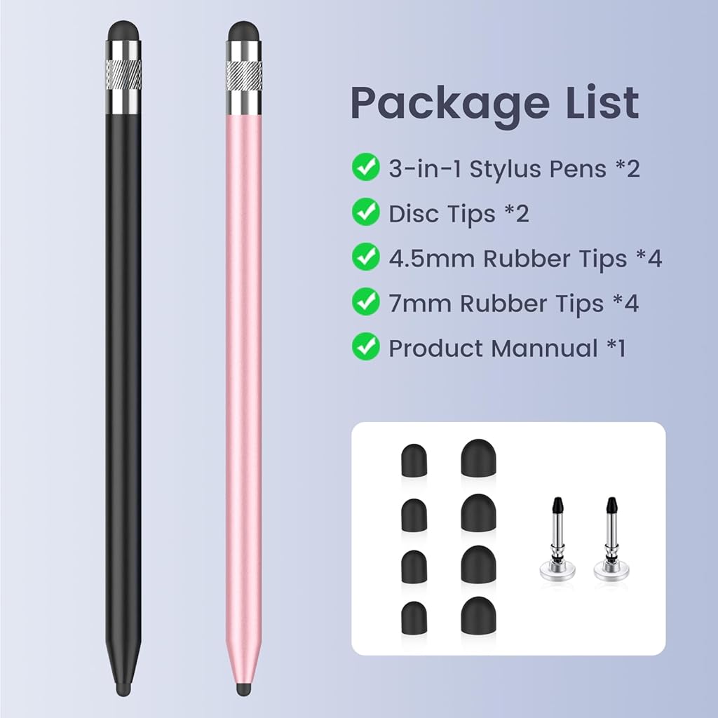 ZORBES® 2PCS 3 in 1 Stylus Pens for Touch Screens with 8Pcs Replacement Rubber Tips & 2 Disc Tips, High Sensitivity & Precision Capacitive Stylus Pencil for Apple iPad iPhone Tablets