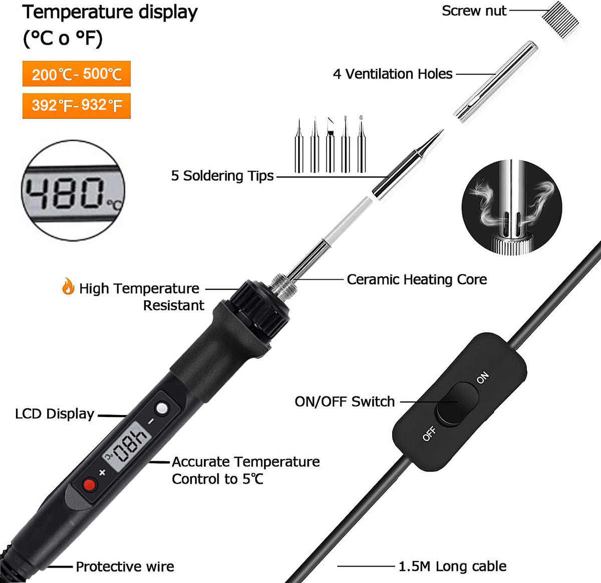 Serplex® Soldering Iron Kit with 5 Different Soldering Tips, 80W/220V 200-500°C Temperature Adjustable Soldering Iron with LCD Digital Display Welding Tool Fast Heating Solder Iron