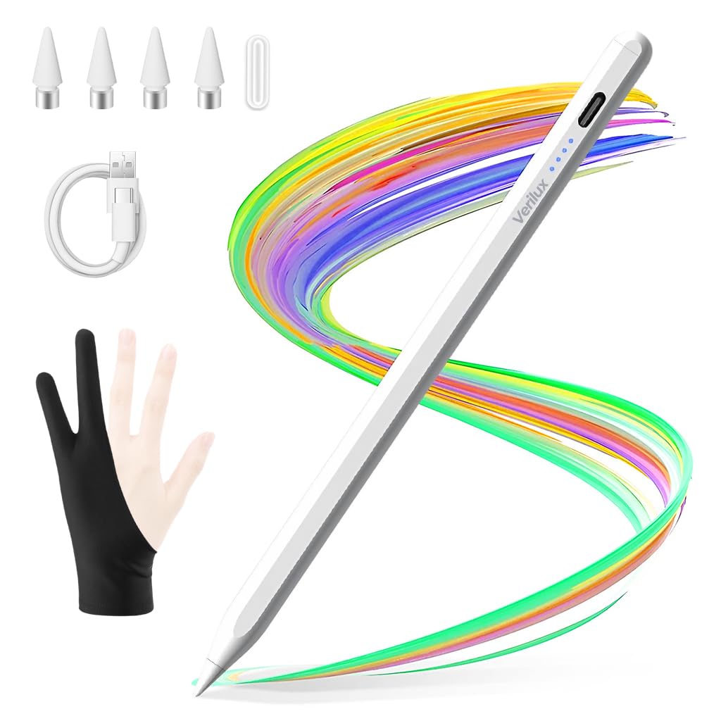 Verilux® Tablet Stylus Pen with 4 Tips, Universal Stylus Pen for Issued after 2018 iOS & Android Tablets, USB Rechargeable Magnetic Tablet Stylus Pen for iPad -No Bluetooth No Palm Rejection Function-