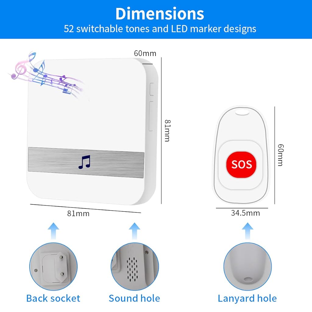 Verilux® Pager Wireless Life Alert Systems for Seniors Portable Emergency Pager Alert Devices for Elderly,Home Travel Panic Buttons with Handstrap 2 Call Buttons + 1 Receiver