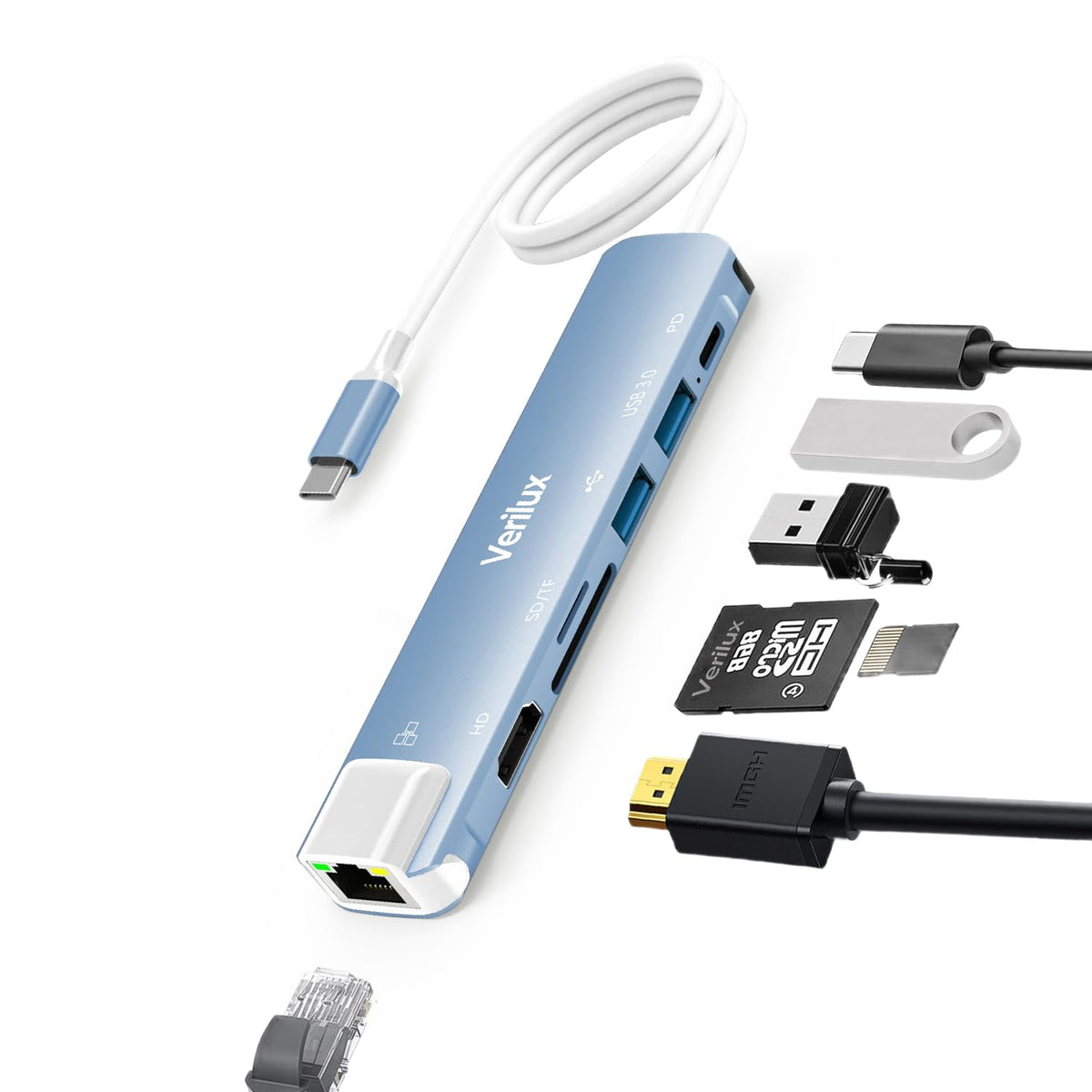 Verilux USB C Hub for Laptop with 4K 60Hz HDMI and Ethernet RJ45 7 in 1 | Blue 24CM Cable
