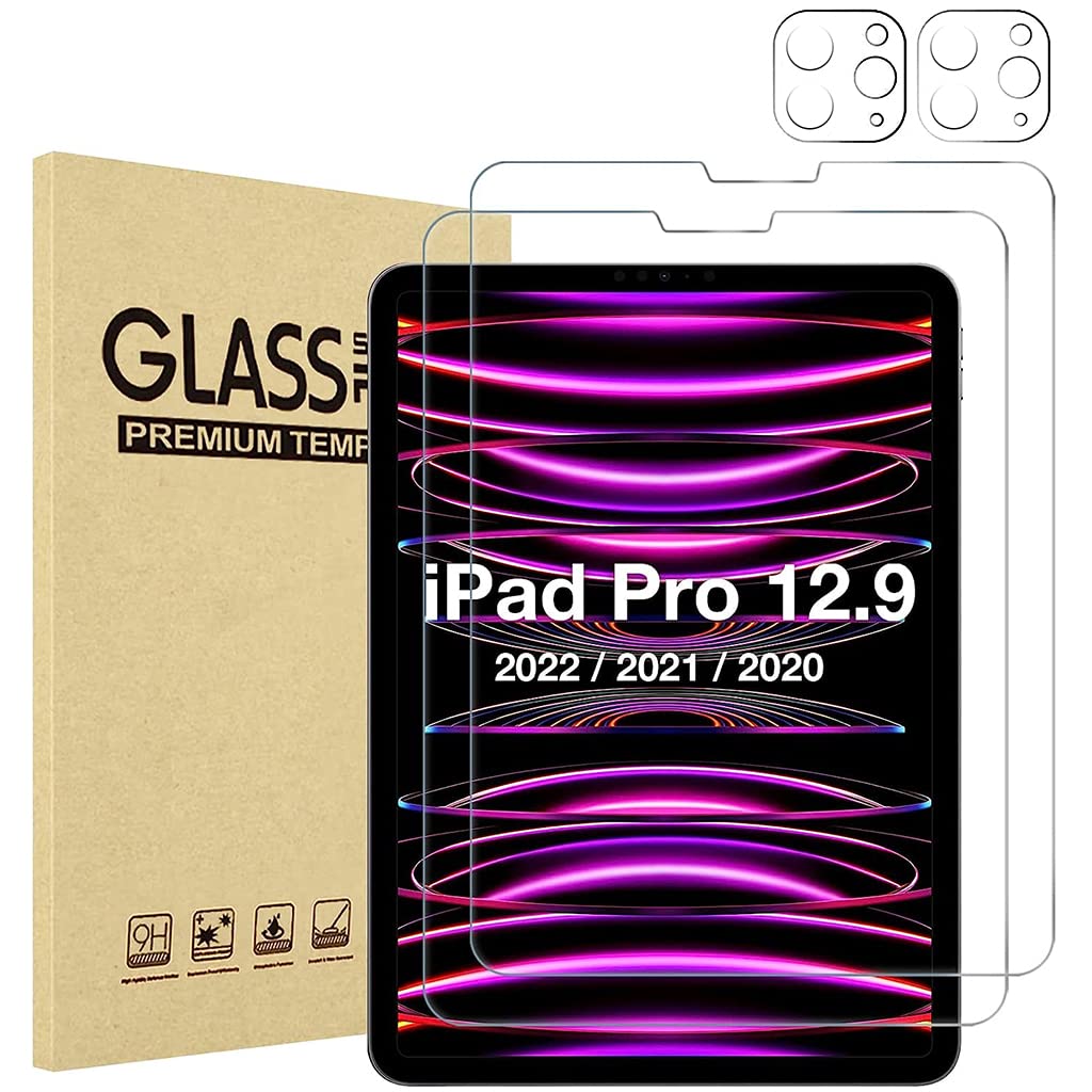ZORBES® 2pcs Tempered Glass Screen Protector for iPad Pro Anti-scratch Screen Film with 2pcs Camera Protection Cover Compatible with iPad Pro 12.9 Inch 6th/5th/4th Generation 2020-2022