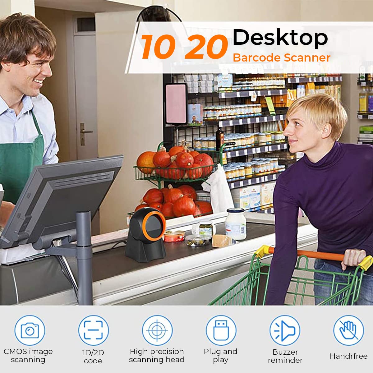 ZORBES® 2D Barcode Scanner, Symcode Omnidirectional Hands-Free Desktop Bar Code Scanner Support 1d 2D Qr Code, Automatic Sensing Barcode Machine for Supermarket Store Warehouse Factory