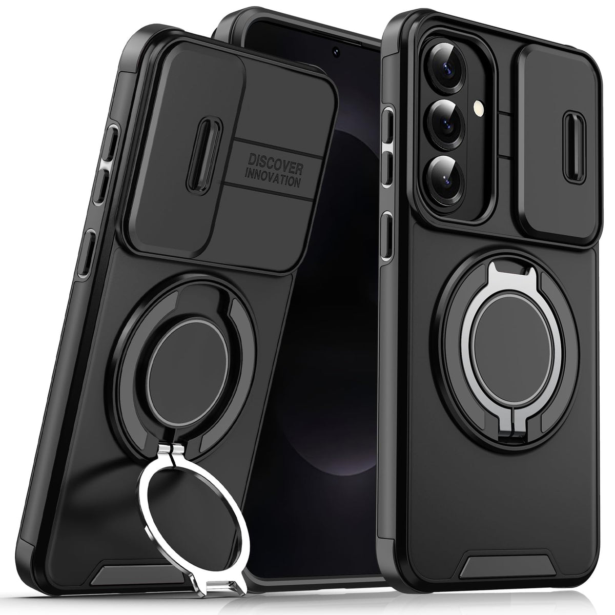 ZORBES® Compatible with Samsung Galaxy S26 Plus, Phone Case with Magnetic Desk Ring Support, Anti-Scratch PC Phone Case with TPU Bumper, Sliding Lens Guards, Fashion Protective Phone Accessory Black