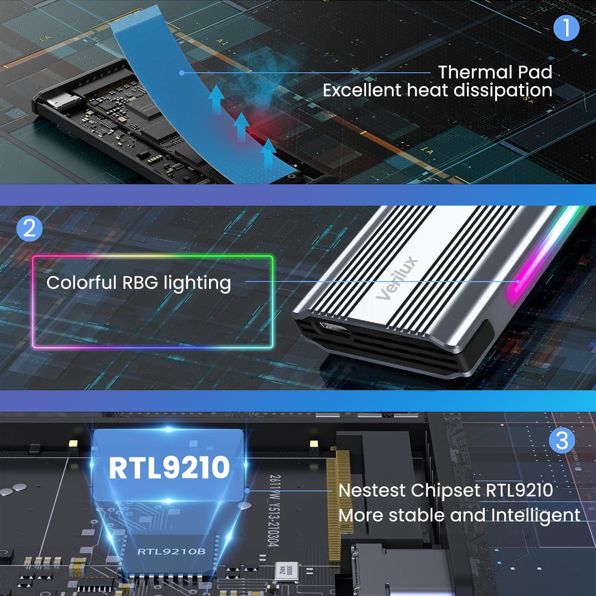 Verilux® M.2 NVME SSD Enclosure, High-Speed 10Gbps USB-C 3.1 Gen 2 SSD Case, Aluminum Alloy, Support 2230 to 2280 Sizes with Adapter Cable for Laptops, PS4&Smartphones, Up to 2TB Capacity - M9