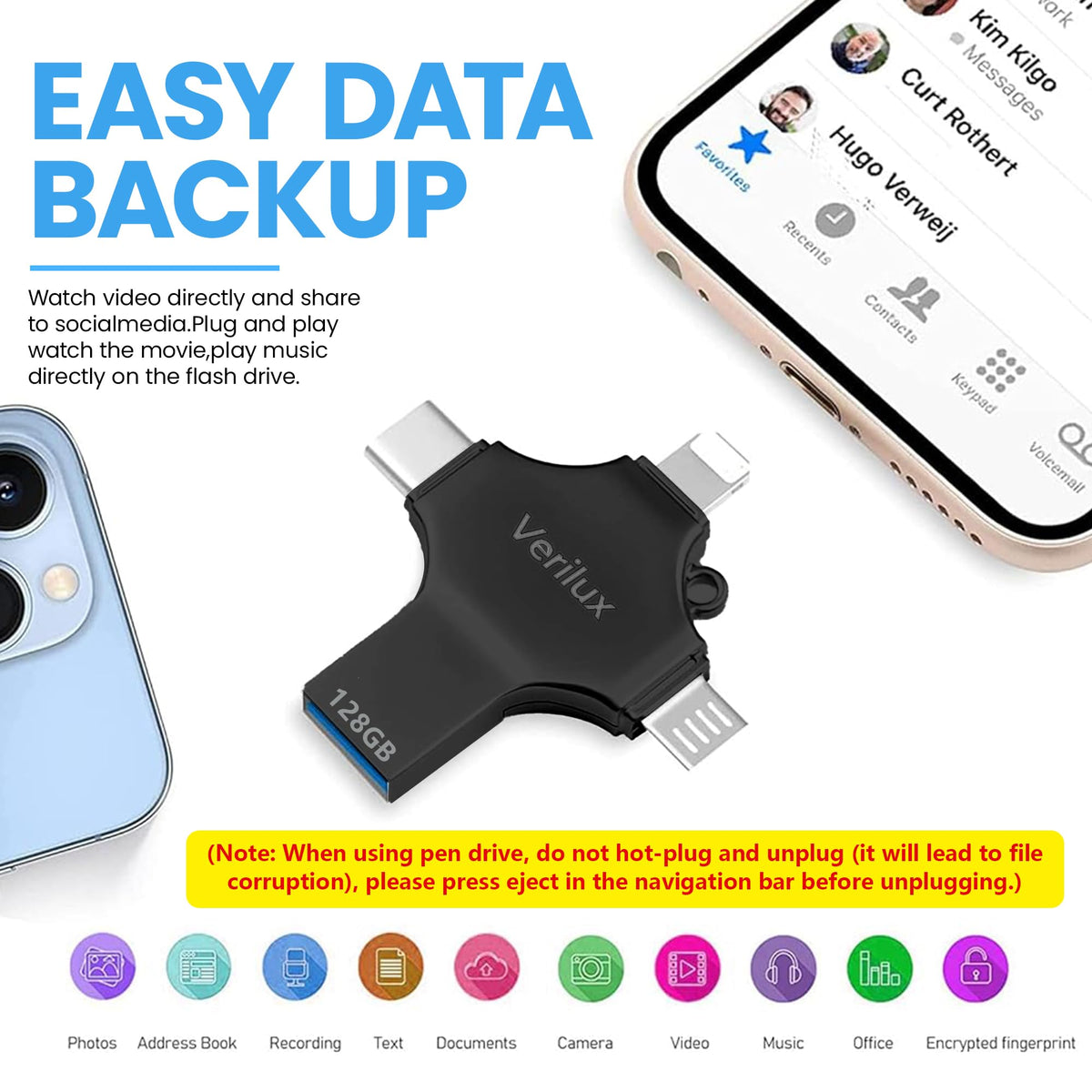 Verilux Pendrive 128GB for iPhone and Android featuring 4 in 1 USB Type C Design | Black