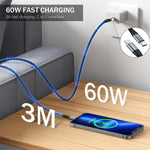 Verilux USB C to USB C Cable 10ft 60W Fast Charging with 480Mbps Sync | Braided Nylon