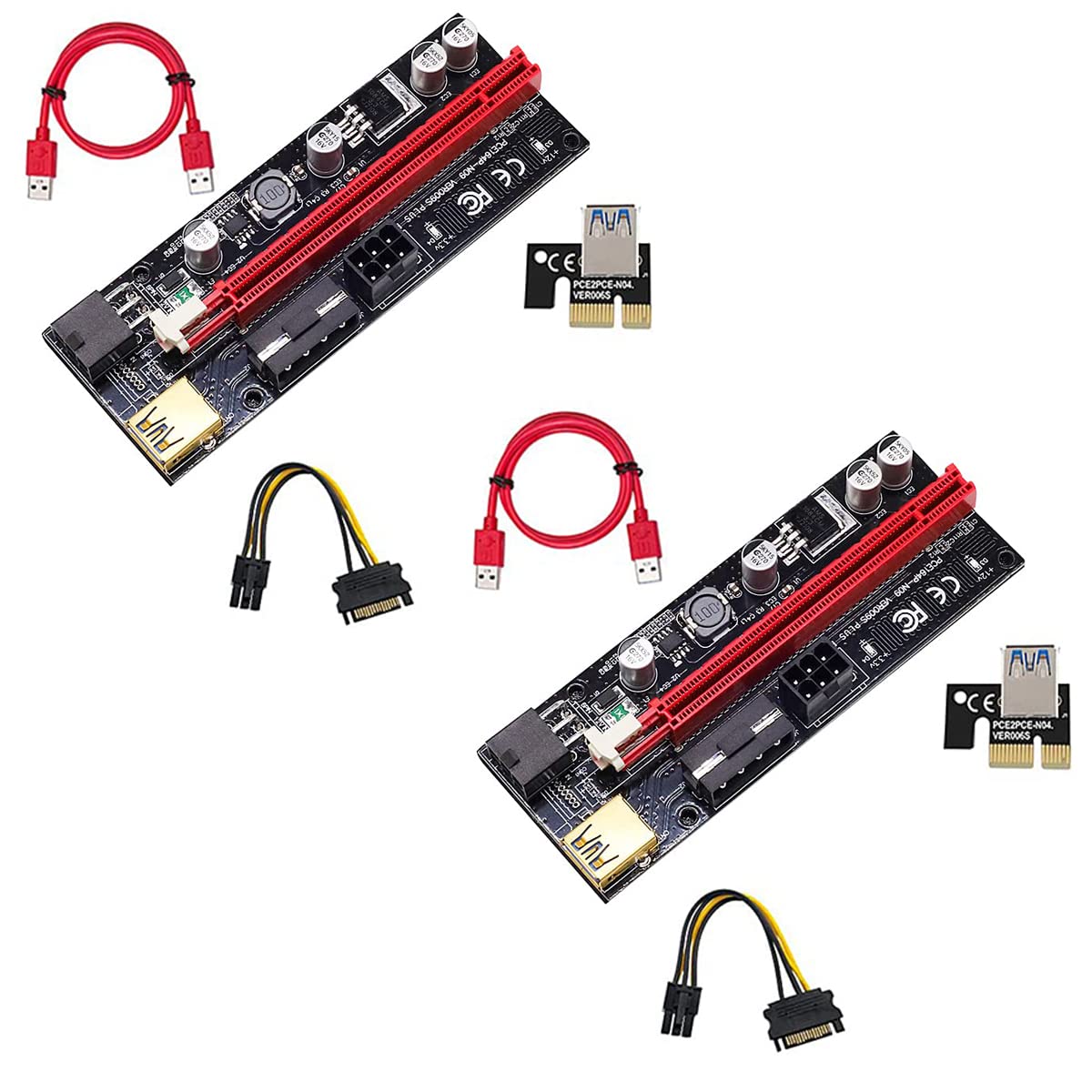 2 Pack Pi+ VER009S Gold PCI-E 6Pin 1X to 16X Powered Pcie Riser Adapter Card