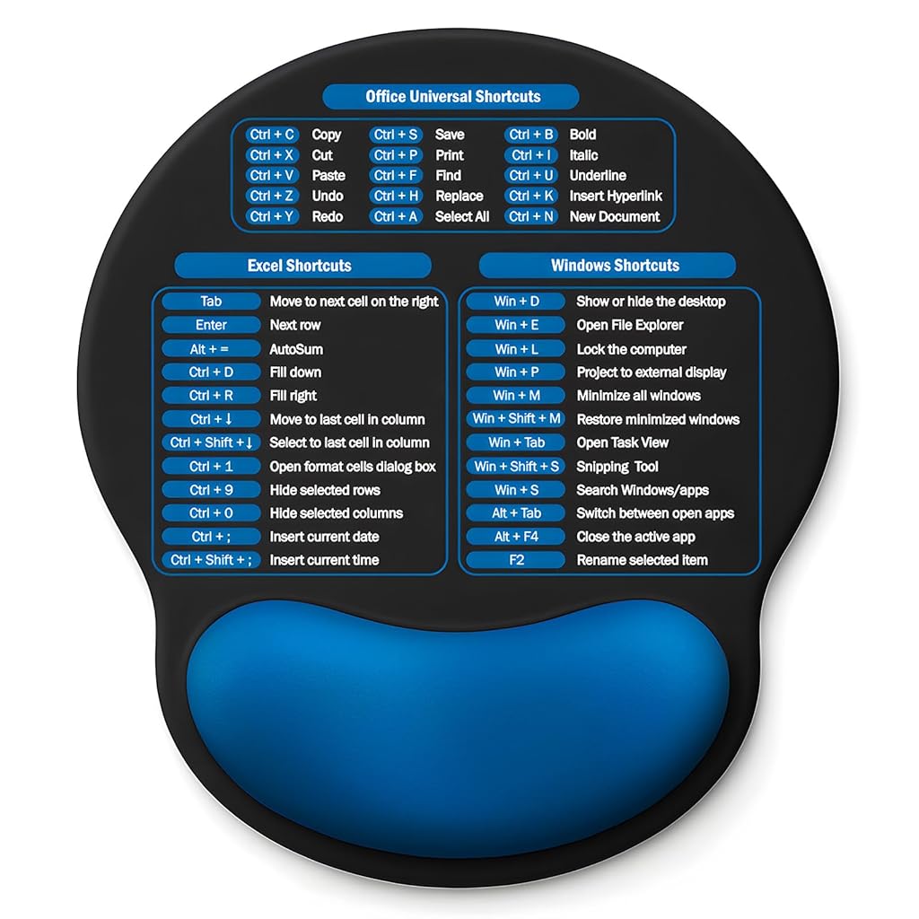 ZORBES® Office Mouse Pad with Wrist Rest Support, Printed Office, Excel & Windows Keyboard Shortcuts, Non-Slip Base, Comfortable Memory Foam Cushion