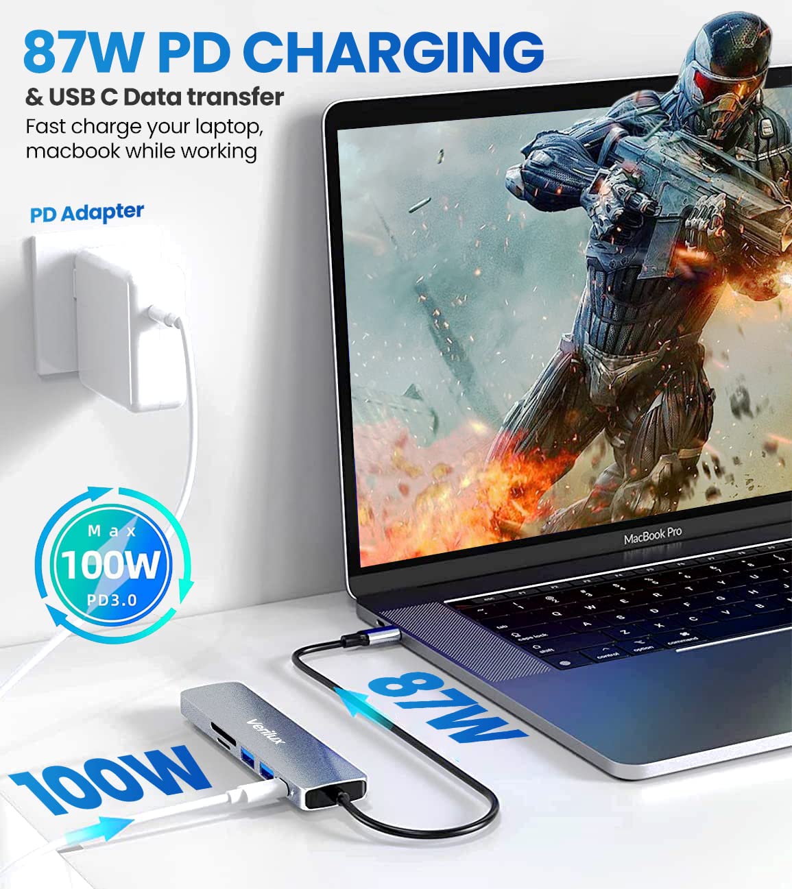 Verilux USB C Hub Multiport Adapter for MacBook Pro with 4K HDMI 30Hz and 87W PD | Aluminum 6 in 1 Docking Station