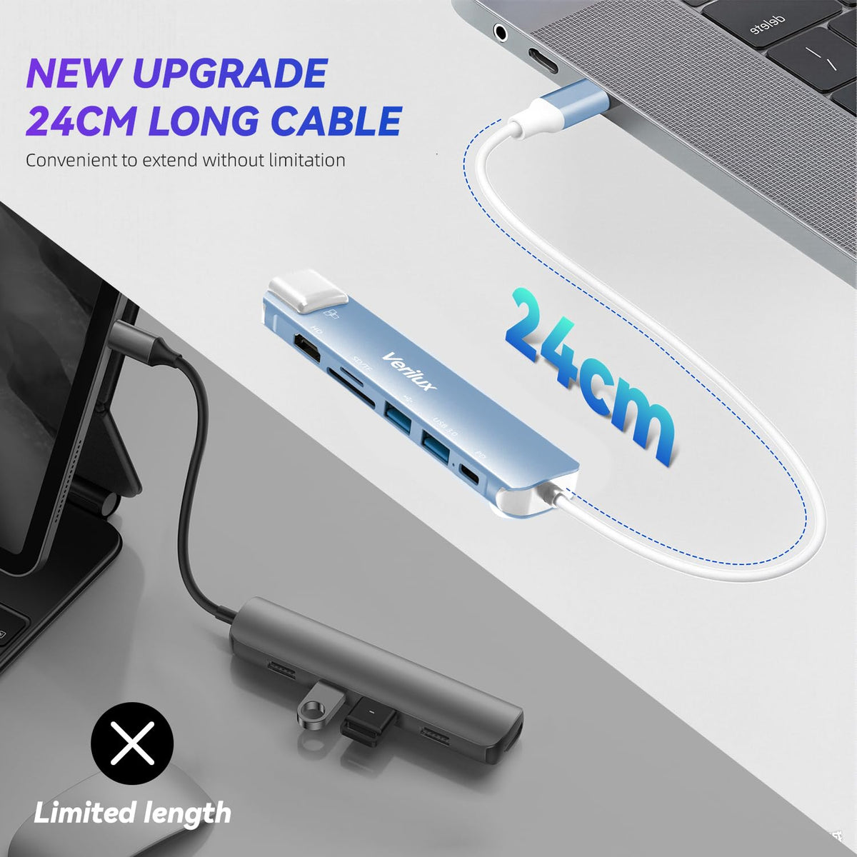 Verilux USB C Hub for Laptop with 4K 60Hz HDMI and Ethernet RJ45 7 in 1 | Blue 24CM Cable