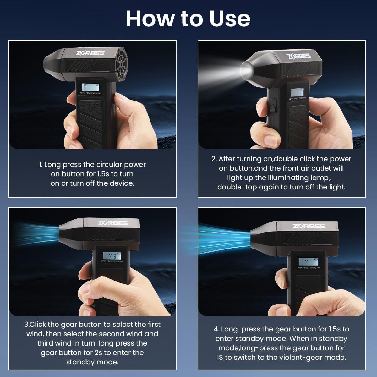 ZORBES® Handheld Air Duster, Mini Blower Fan Turbo Jet Blower with Display, 2 Nozzles Ultra Strong 4 Stage Wind Adjustment, USB LED Portable Air Blower for Car Cleaning Computer Keyboard Travel Hiking