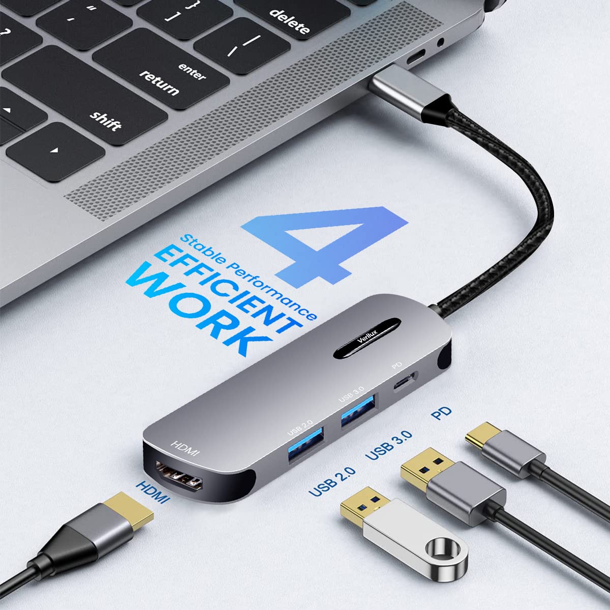 Verilux USB C Hub for Laptop with 4K HDMI 100W PD and USB3.0 Ports | Aluminum Alloy Design