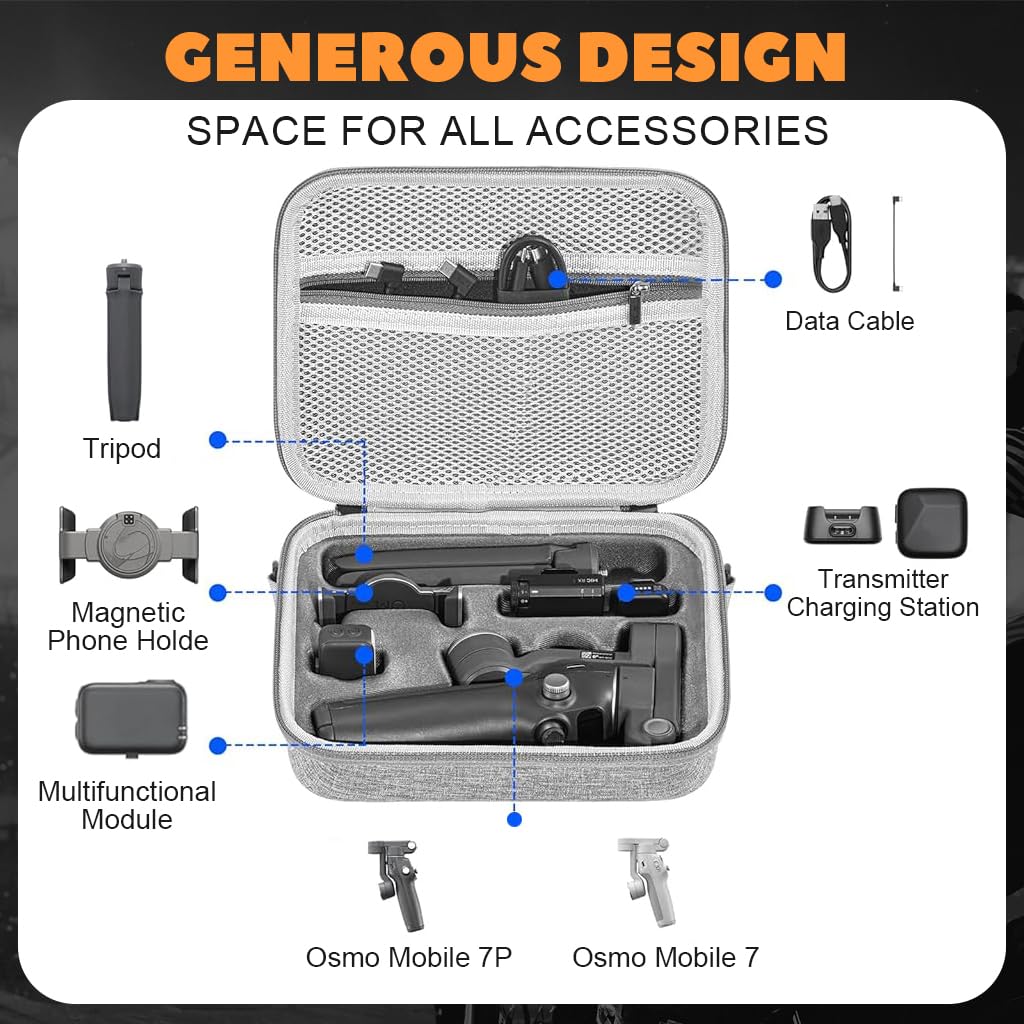 ZORBES® Compatible with DJI OM7/OM7 PRO, Travel Case Bag for Phone Handheld Gimbals & Stabilizers, Custom-mold Fit & Built in Mesh Pocket, Nylon Waterproof Hard Shell Organizer Bag with Shoulder Strap