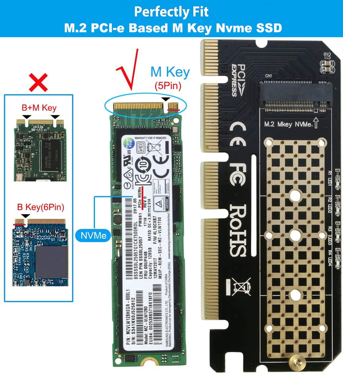 Verilux NVMe Adapter PCIe x16 for M.2 SSD 2230 2242 2260 2280 | with Gel Pad and Screwdriver