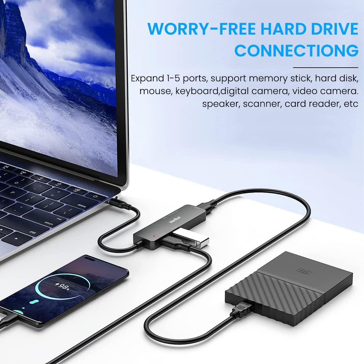 Verilux USB Hub 3.0 for PC and Laptop with 5 in 1 Ports and SD TF Card Reader | Aluminium Adapter