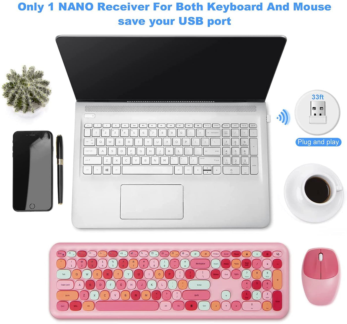 Verilux® Wireless Keyboard and Mouse Combo, Slim 2.4G USB Full Size Wireless Mouse , Keyboard Combo and Cleaning Brush Cute 110 Keys Keyboard for PC, Notebook, MacBook, Tablet - Black (Pink)