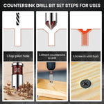 Serplex® Steel Countersink Drill Bit Set, 5Pcs, Sizes 3/4'' to 1/4'', Heavy Duty 82-Degree 5-Blade Design, Quick-Change Hex Shank, Versatile for Wood, Metal, Plastic, DIY & Professional Use