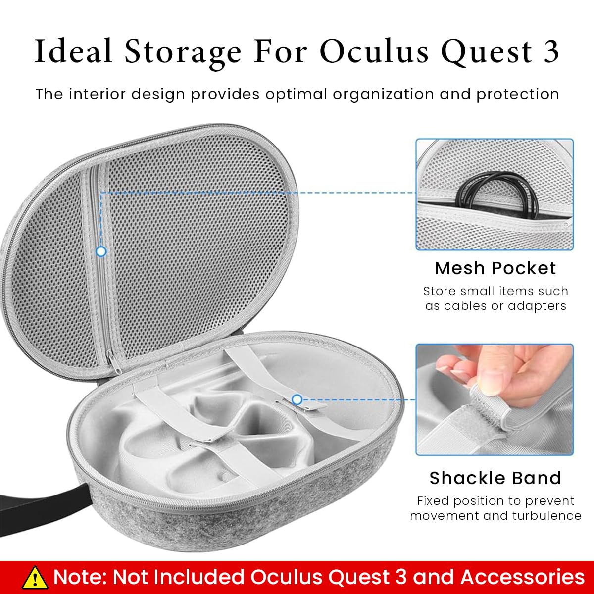 Verilux Carry Bag for Oculus Quest 3 featuring X Type Elastic Fix Straps and 34x16x20cm Size | Travel Storage Case with Hand Strap and USB Charging Port