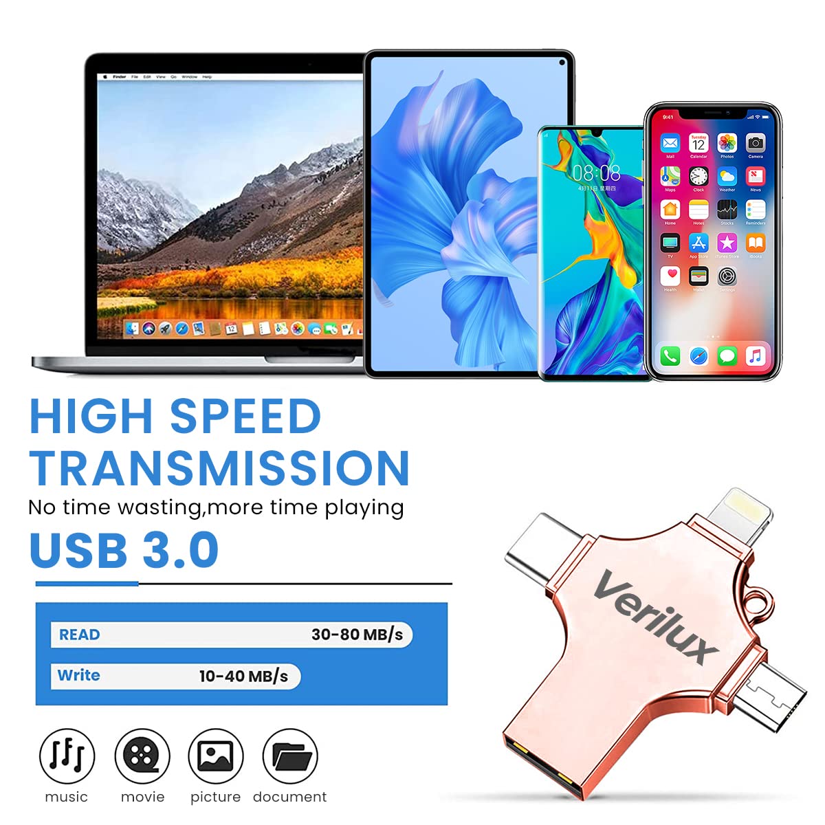 Verilux Flash Drive 64GB for Phone Pad and PC with 4 in 1 USB Type C Interface | Rose Gold