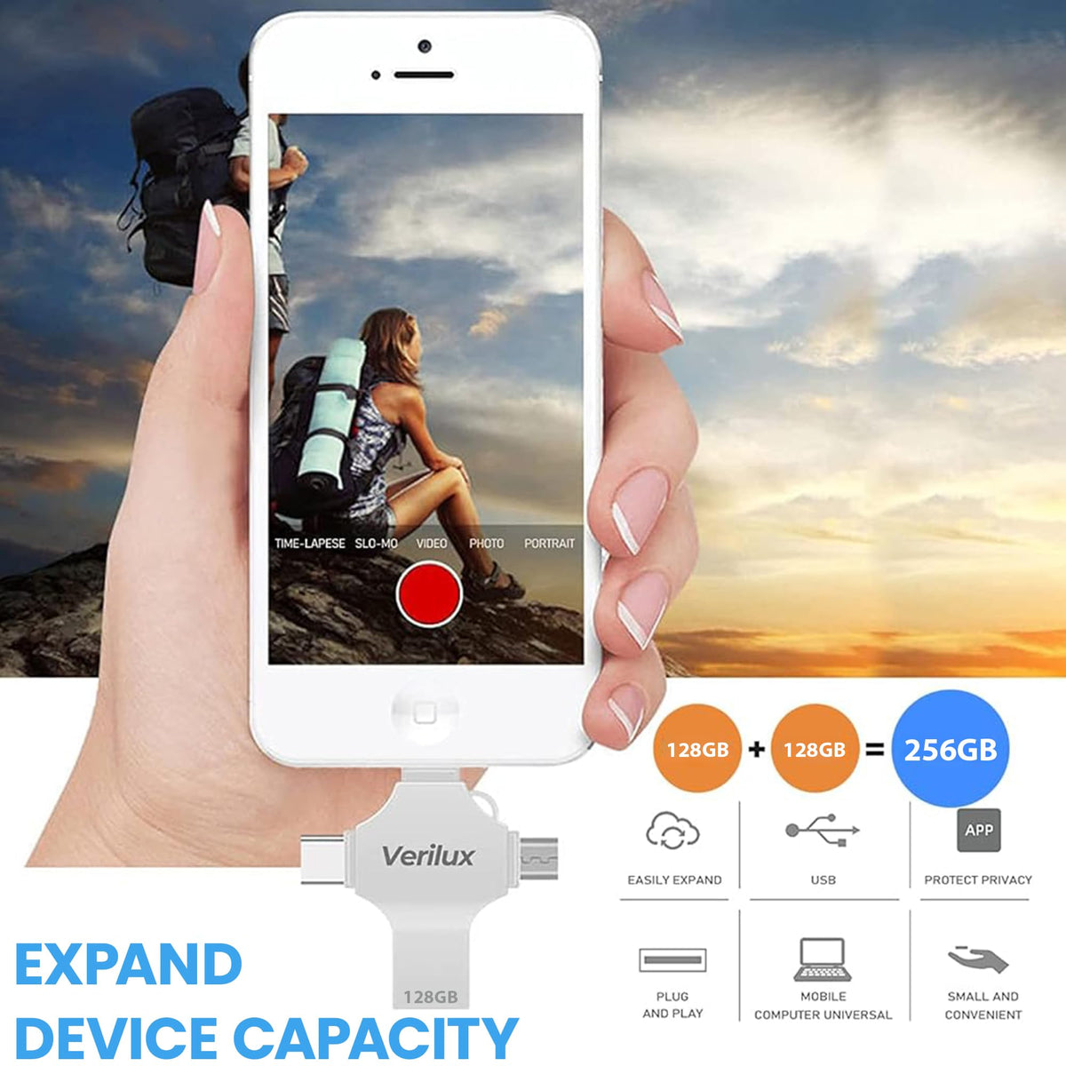 Verilux Pendrive 128GB for iPhone and Android featuring 4 in 1 USB Connectors and Metal Body