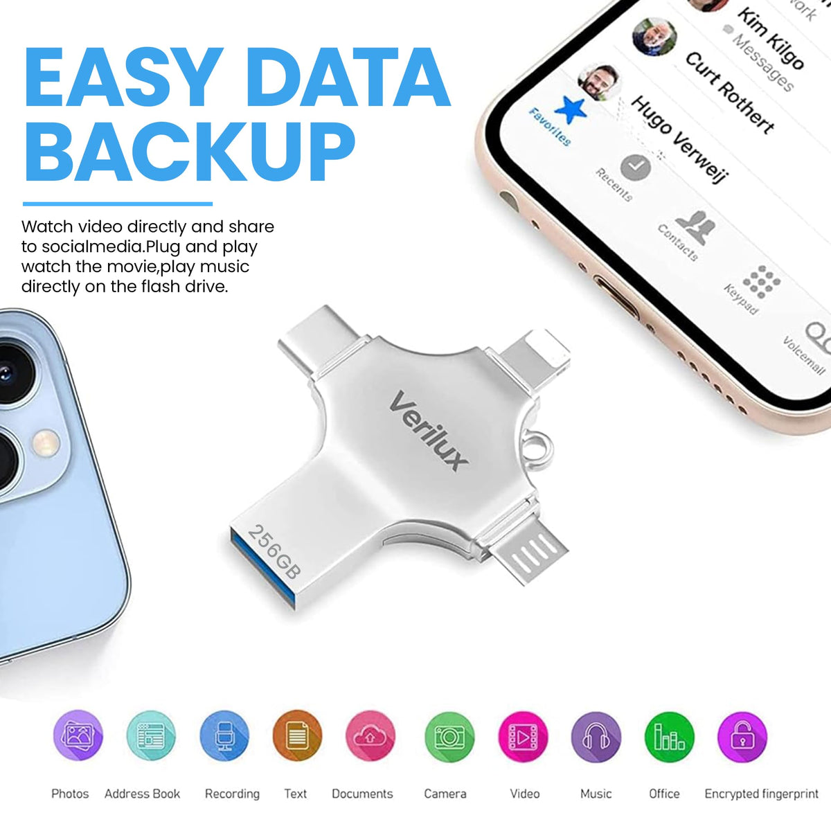 Verilux 4 in 1 Flash Drive with Lightning Type C Micro USB and USB 3.0 | 256GB Metal Design