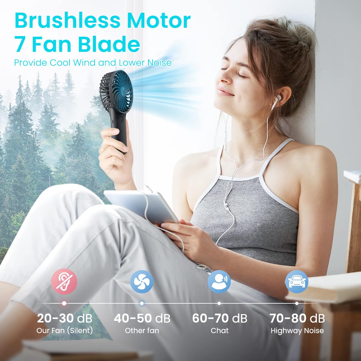 Verilux Hand Fan for Women with Hidden Makeup Mirror and 4 Speed Brushless Motor | 20Hr Rechargeable Portable Fan