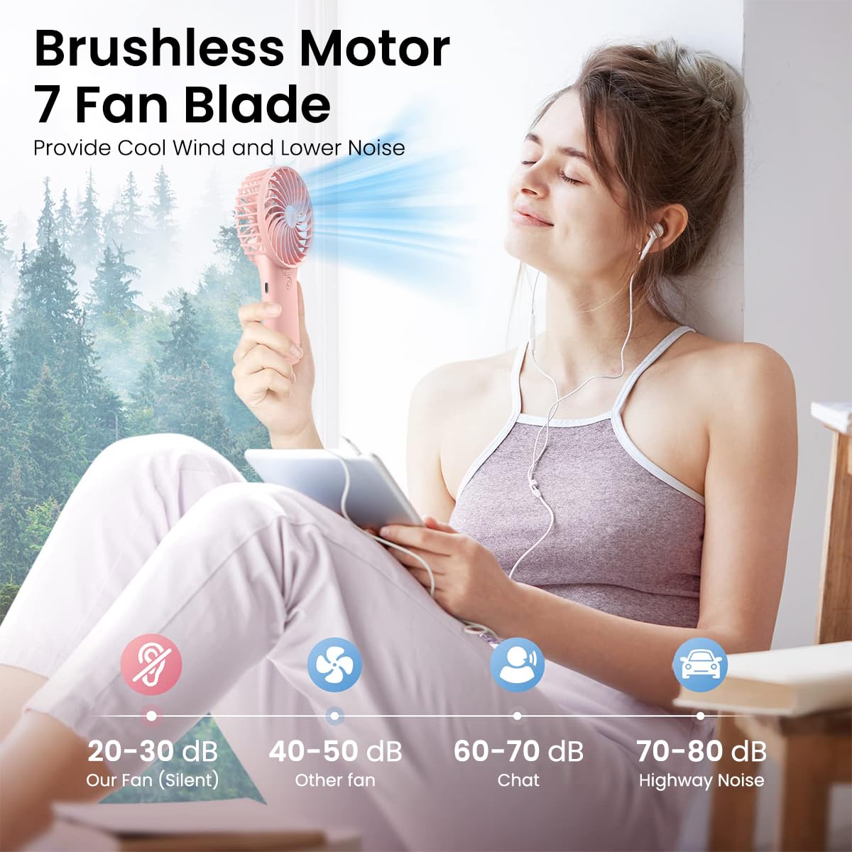 Verilux Portable Handheld Fan for Desk and Travel featuring USB Rechargeable Design | 20Hrs Working Time and Makeup Mirror