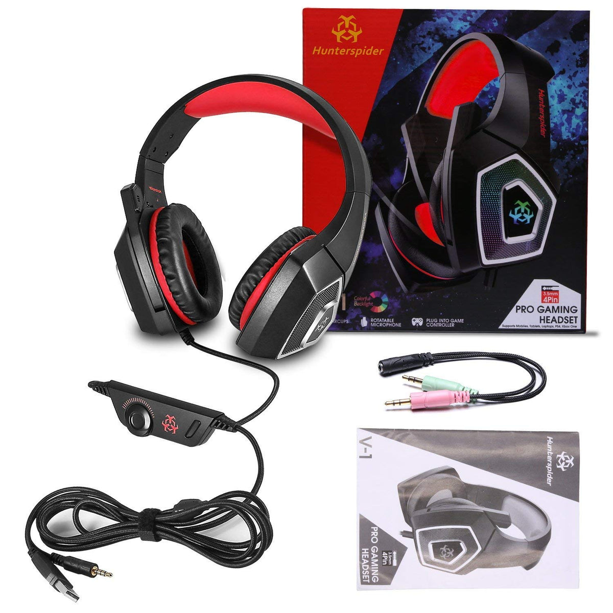 Verilux Gaming Headsphones, PS4 Gaming Headset with Mic,7 LED Lights Over-Ear Surround Sound Noise Cancelling & Volume Control-Red for PC,Xbox One,Nintendo Switch,Laptop,Tablet,Mobile