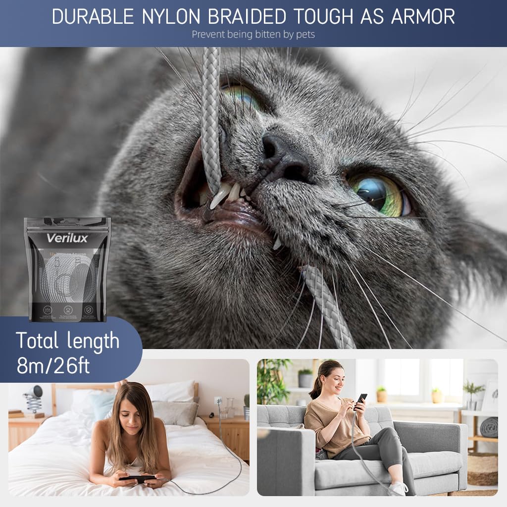 Verilux Type C Cable 8m 26ft for iPhone 17 and Galaxy S25 featuring Nylon Braid & Metal Connectors