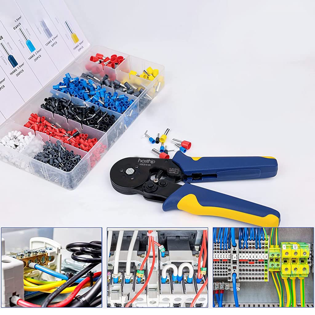 Serplex® Ferrule Crimping Tool Kit, Self-Adjusting Square Wire Crimper Plier for AWG23-7 with 1200pcs Assortment Ferrule Wire Copper Crimp Connector, Wire Connector Kit Wiring Cable Connector