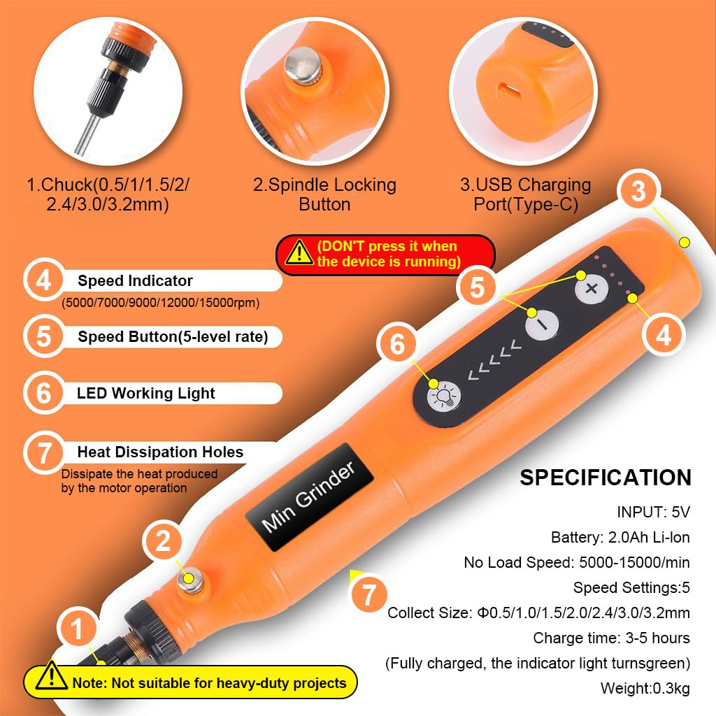 Verilux Rotary Tool Kit for DIY Crafts with 5 Speeds and 58 Accessories | Cordless USB Charging Design